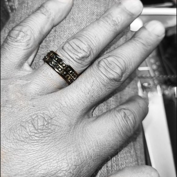 Men's Black Rhodium Over Stainless Steel and Sapphire Wedding Ring 10 - Picture 5 of 7